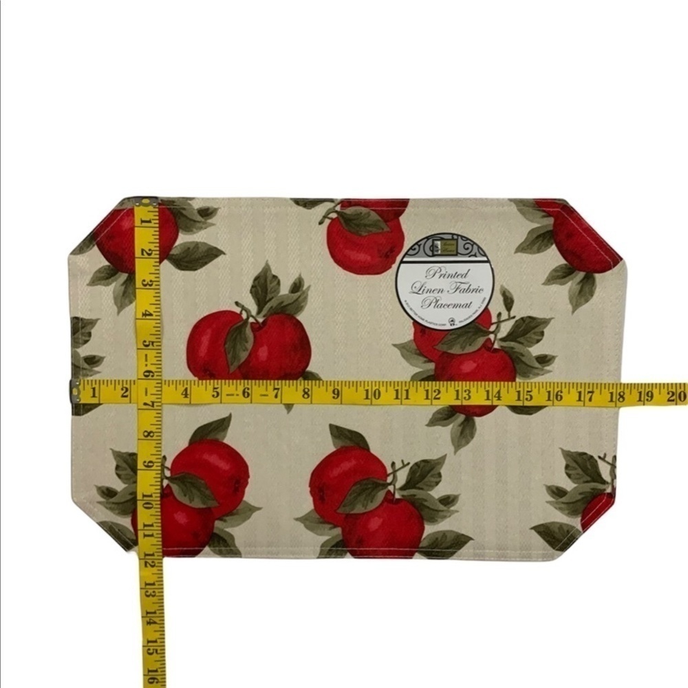 Apple Printed Linen Fabric Placemats Reversible 18” X 12” Cream Red 4 Piece Set - Picture 3 of 12